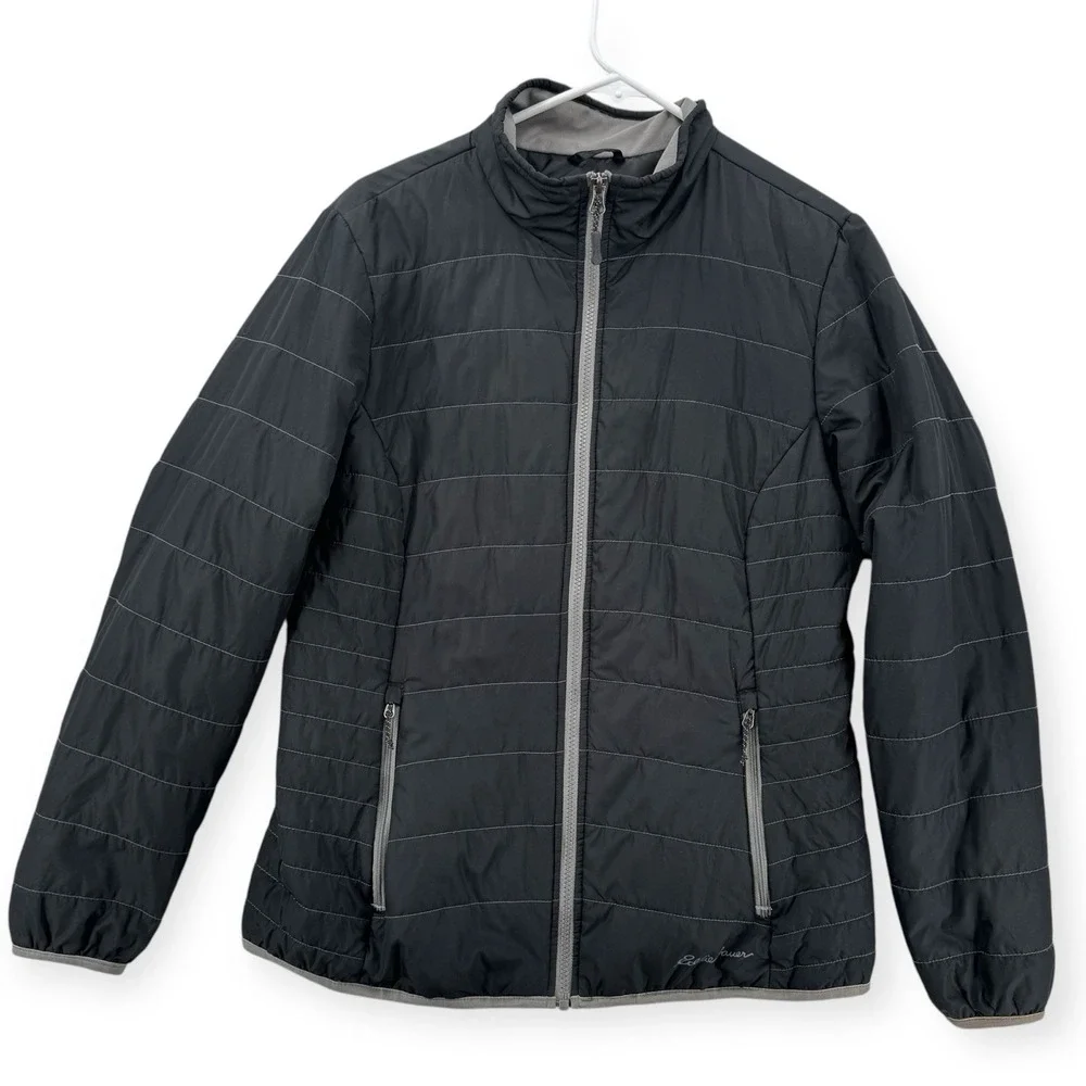Eddie Bauer Puffer Jacket Womens‎ Large Quilted Full Zip Black Gray Lightweight